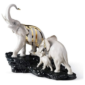 Lladro Celebration Elephants On Black Rock Figurine 01007235