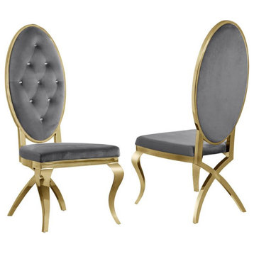 Tufted Velvet Dining Chairs in Dark Gray with Gold Stainless Steel (Set of 2)