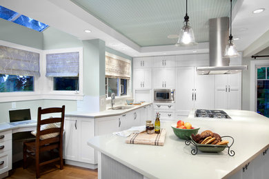 Inspiration for a transitional kitchen remodel in Vancouver with a double-bowl sink, shaker cabinets, white cabinets, white backsplash and paneled appliances