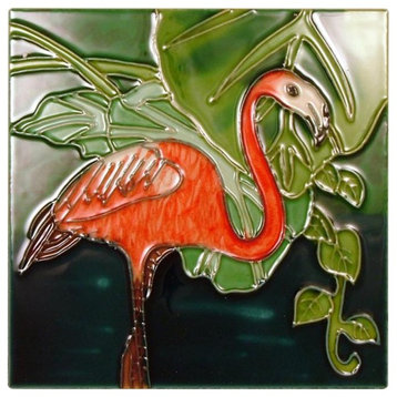 Tropical Pink Flamingo Green Leaves 4x4 Inches Ceramic Tile