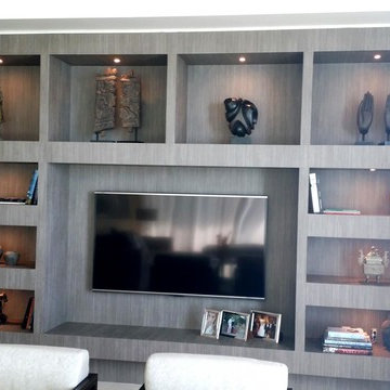 Built-in Shelving unit makeover with wood architectural film.