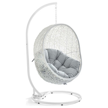 Hide Outdoor Wicker Rattan Swing Chair With Stand, White Gray