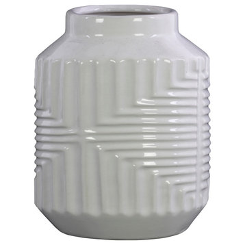 Ceramic Cylindrical Vase, Intersecting Lines Design Body, White, Short