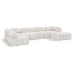 Meridian Furniture - Ames Boucle Fabric U-Shaped Modular Sectional, Cream, 6-Piece: 3 Armless Chair, 2 Corner Chair, 1 Ottoman - A - Introduce a touch of modern sophistication to your living area with the exquisite Ames Boucle Fabric Sectional. With plush cream boucle fabric and unique design, it will elevate the visual appeal of your living space. This elegant and captivating sectional can be mixed and matched with other pieces from the collection to create an endless array of stunning looks. So, get ready to transform your living area into an inviting and stylish haven with the Ames Boucle Fabric Sectional.