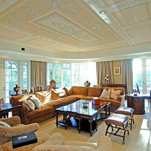 Photo of a classic enclosed home cinema in Los Angeles with carpet and beige floors.