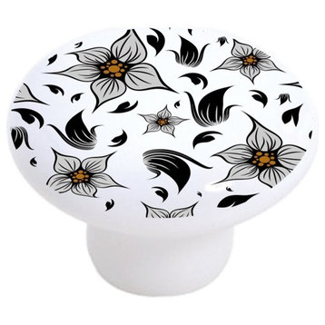Black White Floral Design Pattern Ceramic Cabinet Drawer Knob