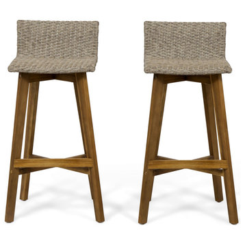 Becky Outdoor Acacia Wood and Wicker Barstools, Set of 2, Light Brown, Teak Finish