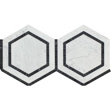 Carrara White Hexagon Mosaic ( With Black), 5"  Polished, 10 Sheets