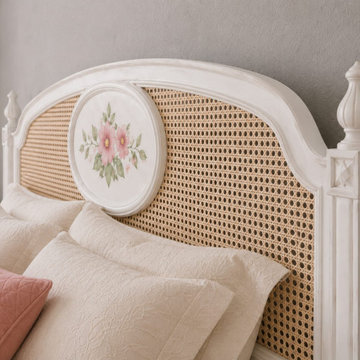 Handcrafted French Country Bed | Hand-Painted Floral Cane Headboard & Wood Frame