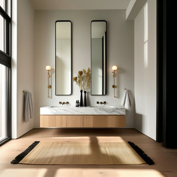 Floating Oak Double Sink Bathroom Vanity | Handleless Drawers | Custom Wall Moun