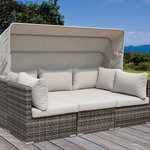 Courtyard Casual - Courtyard Casual Taupe Aurora Outdoor Sectional to Daybed Combo with Canopy - Soak up the sun with Courtyard Casual's Aurora outdoor sectional to daybed combo. Whether you are entertaining guest, or want a comfortable place to lay by the pool, our Aurora sectional/daybed combination is the perfect fit for you! Great for any outdoor setting: patio, covered patio, deck, fire pit, outdoor kitchen, poolside, lanai, gazebo, etc. Fade and UV Resistant and safe in full sun exposure. Synthetic rattan weave and a powder coated aluminum frame  Cushions made from normal foam and dacron fiber cover foam covered with Sunproof Fabric. Easy Clean and 1 Year Limited Manufacturer's Warranty