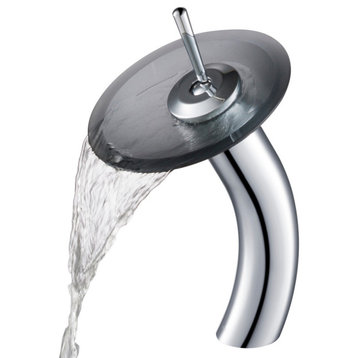 Glass Waterfall Vessel Bathroom Faucet Chrome, Frosted Black Glass Disk