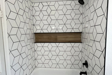 Inspiration for a mid-sized contemporary white tile and porcelain tile double-sink, medium tone wood floor and brown floor bathroom remodel in Phoenix with shaker cabinets, white cabinets, a freestanding vanity, quartz countertops, white countertops, an undermount sink, a two-piece toilet and white walls