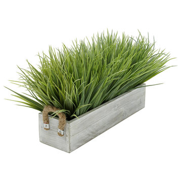 Artificial Frosted Farm Grass in 15" Grey-Washed Wood Trough with Rope Handles
