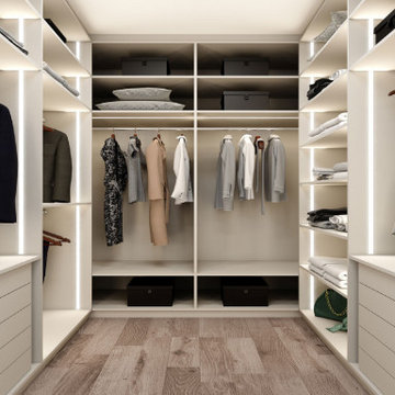 Small walk-in wardrobe in pearl light grey matt supplied by Inspired Elements