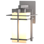 Hubbardton Forge - Tourou Downlight Outdoor Sconce, Coastal Burnished Steel Finish, Opal Glass - Although the design is in honor of traditional Japanese stone lanterns, our Tourou Outdoor Sconce is much easier to mount on the outside of your home or business. Metals bands crisscross and hug the square glass tube for design flare.