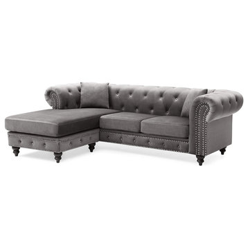 Midcentury Sectional Sofa, Velvet Seat With Tufted Back & Rolled Arms, Dark Grey