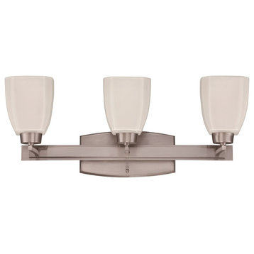 Bridwell 3-Light Vanity, Brushed Satin Nickel With Frosted White Glass