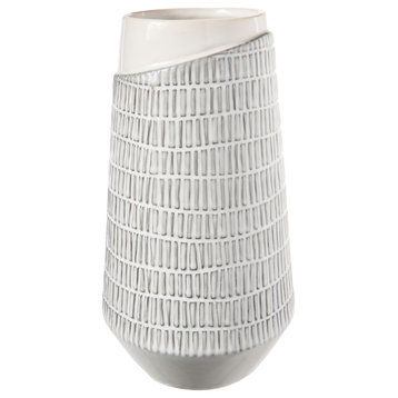 Round Ceramic Tapered Bottom and Top Banded Vase Gloss White Finish, Large
