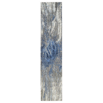 Denim Blue, Abstract Design, Wool and Silk Hand Knotted Runner Rug, 2'5" x 11'9"