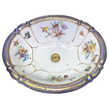 Hand Painted Sink "Floral Chinoiseries" burnished gold  on Sienna Small drop-in