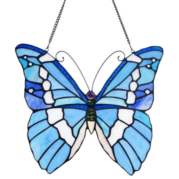 Chloe Lighting Silver-Studded Butterfly-Style Stained GlassWindow Panel 14" Wide