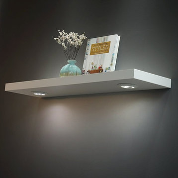 Floating Wall Shelf With Battery Powered Touch Activated LED Light, White, 36"