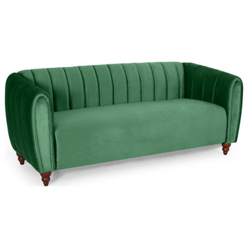 Contemporary Sofa, Bun Feet & Velvet Seat With Channel Tufted Backrest, Emerald