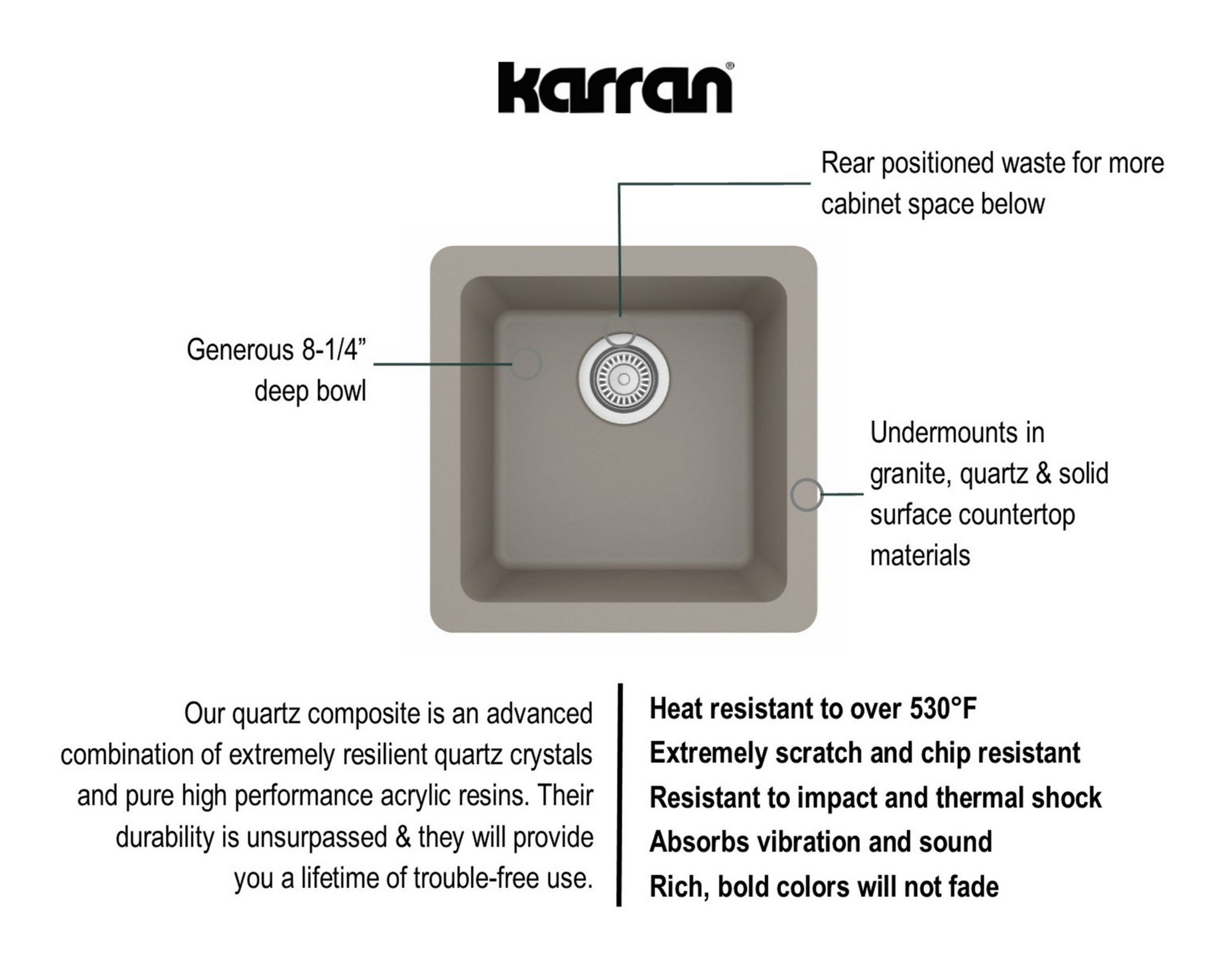 Karran Undermount Quartz Composite 17" Bar Single Bowl Sink, Concrete