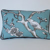 Teal Lumbar Pillow Cover in Bird Fabric on Both Sides and Black Piping