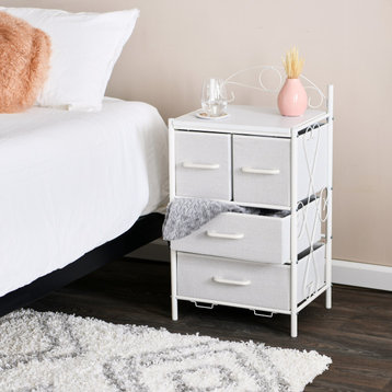 Dresser Nightstand, 4 White Drawers White Metal Frame, Scandinavian White Top