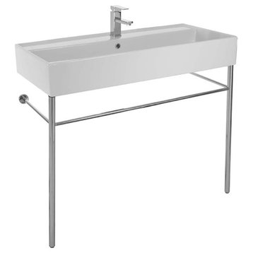 Large Ceramic Console Sink With Polished Chrome Stand, 1-Hole