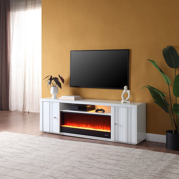 Reid 70.5" White Finish TV Stand with Fireplace and Speaker