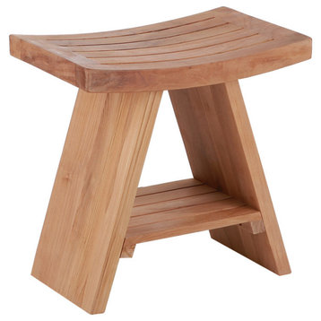 Nordic Style Natural Teak Stool With Curved Seat and Shelf