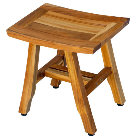 HomeRoots Compact Curvilinear Teak Shower or Outdoor Bench, Natural Finish