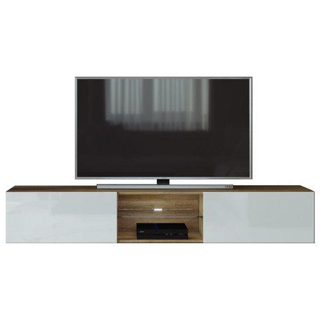 VIGO Glass TV Stand, Oak Country/White Monaco