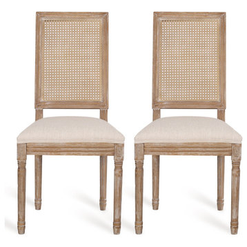 Set of 2 Dining Chair, Polyester Seat With Rectangular Back, Natural/Beige