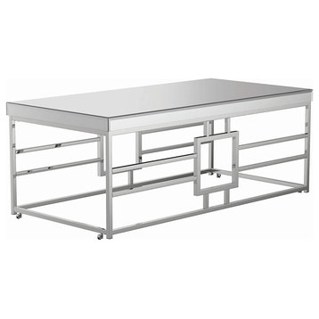 Modern Coffee Table, Geometric Metal Frame With Mirrored Top & Casters, Chrome