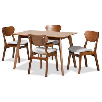 Kobell Mid-Century Modern Gray Fabric and Walnut Wood 5-Piece Dining Set