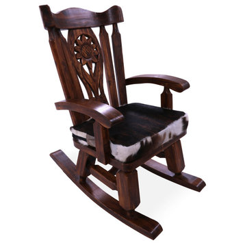 Wooden Rocking Chair Handcarved Back Removable Hair-On Cowhide Pillow RC150-CP