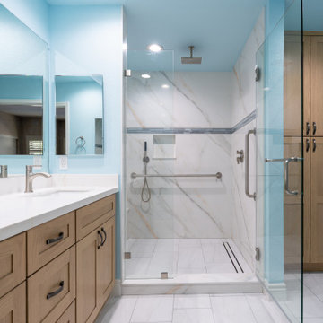 Coastal Modern Bathroom Remodel with Light Oak Vanity and Walk-In Glass Shower