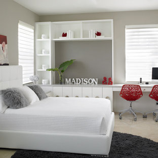 Photo of a contemporary bedroom in Miami with grey walls, no fireplace and marble floors.
