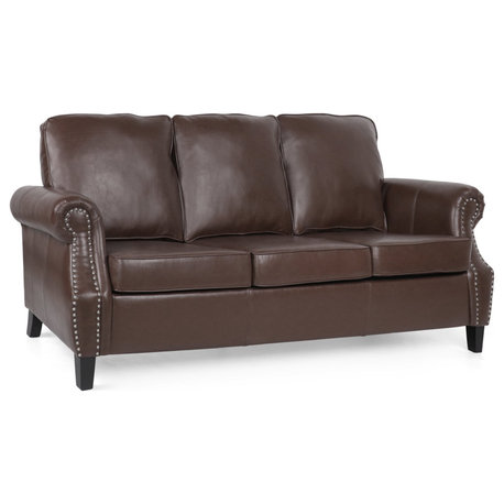 3-Seat PU Leather Sofa with Rolled Slanted Arms & Nailhead Trim, Dark Brown