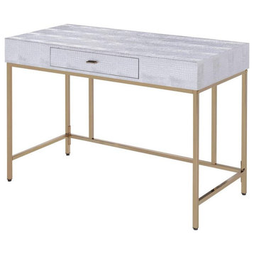 Unique Desk, Champagne Metal Frame and Skin Patterned Silver Leather Like Cover