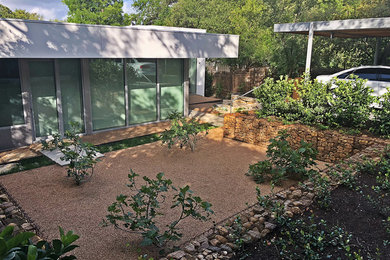 Mid-sized minimalist white two-story metal exterior home photo in Austin with a mixed material roof