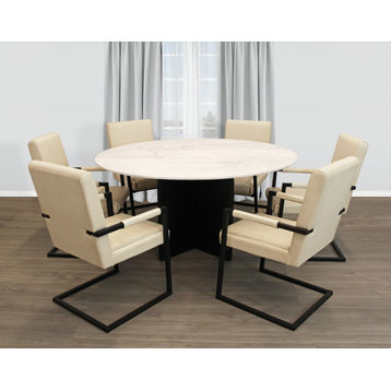 Lavaca 5-Piece Dining Set, 60" Round Dining Table and 6 Ivory Leather Chairs