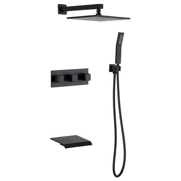 Wall-Mounted Square Rain Shower System with Waterfall Tub Spout in Matte Black