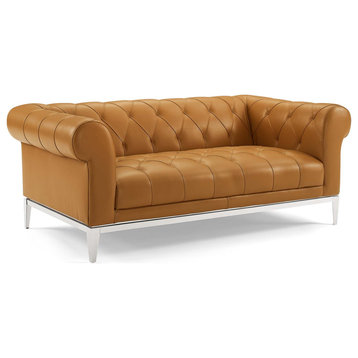 Idyll Tufted Button Upholstered Leather Chesterfield Loveseat, Tan