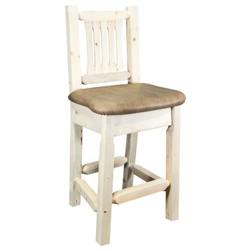 Homestead Bar Stool With Back, Buckskin Upholstery, Clear Lacquer Finish