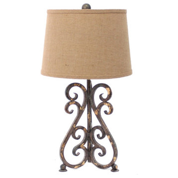 Metal Table Lamp With Scroll Design Base And 2 Way Switch,Bronze And Beige